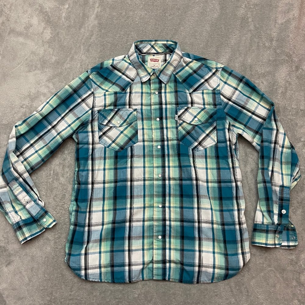 Levis Men's Pearl Snap Plaid Shirt Size Large